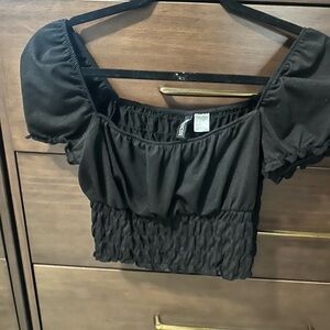 H&M Black Smocked Puff Sleeve Blouse